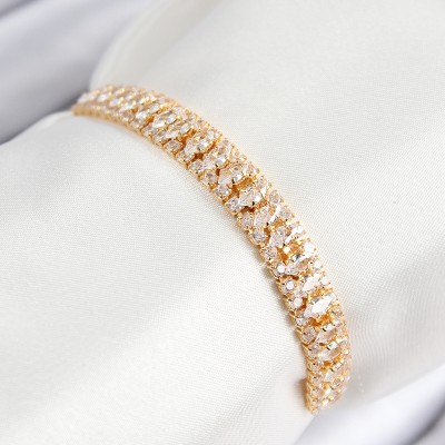 Pirinç Zirkon Taşlı Tennıs Model Gold Renk Asansörlü Kadın Bileklik