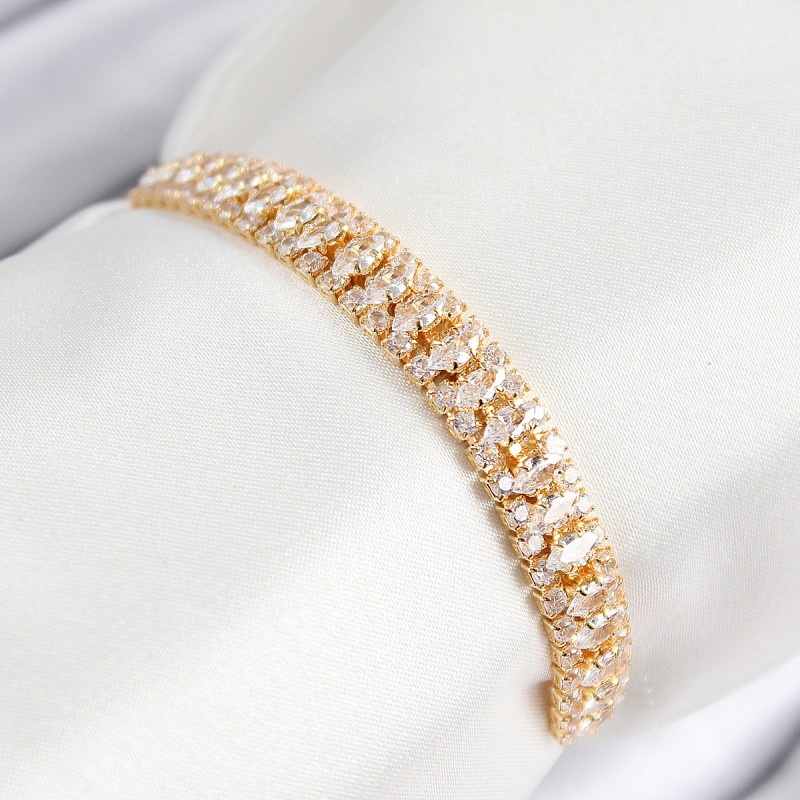 Pirinç Zirkon Taşlı Tennıs Model Gold Renk Asansörlü Kadın Bileklik