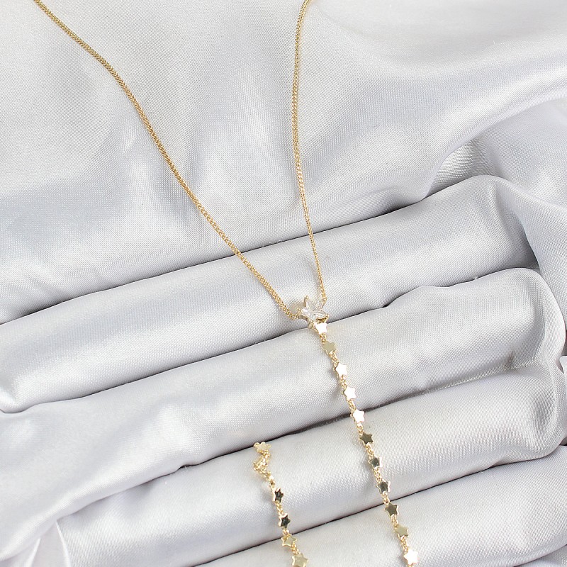 Pirinç Zirkon Taşlı Yıldız Figürlü Y Model Gold Renk Kadın Kolye