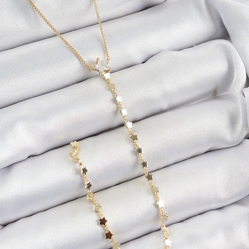 Pirinç Zirkon Taşlı Yıldız Figürlü Y Model Gold Renk Kadın Kolye