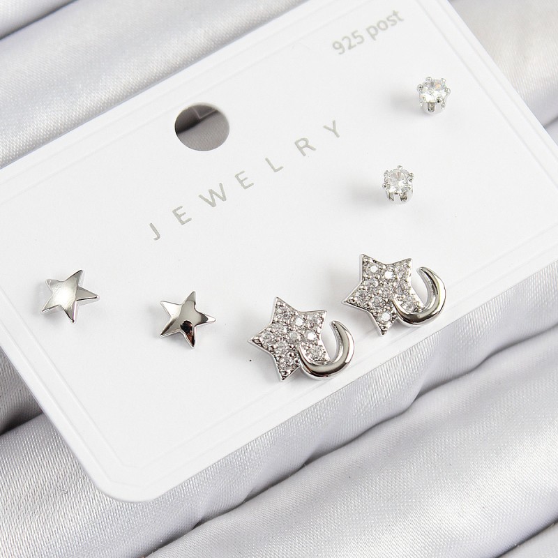 Pirinç Zirkon Taşlı Yıldız Model Gümüş Renk 925 Ayar Gümüş Çivi Kadın Küpe Set