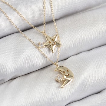 Pirinç Zirkon Taşlı Yıldız Ve Ay Model Gold Renk Kadın Kolye