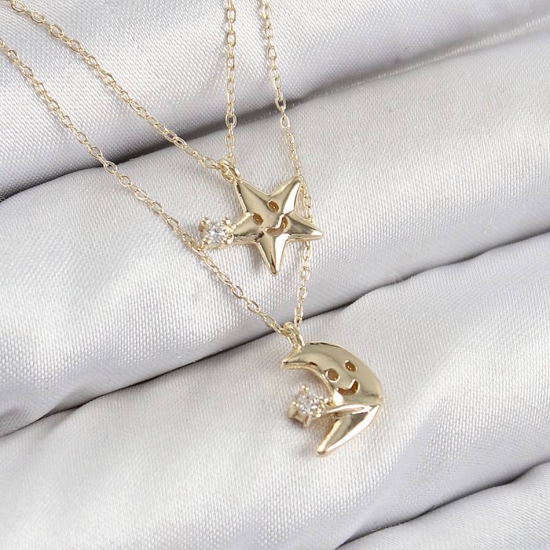 Pirinç Zirkon Taşlı Yıldız Ve Ay Model Gold Renk Kadın Kolye