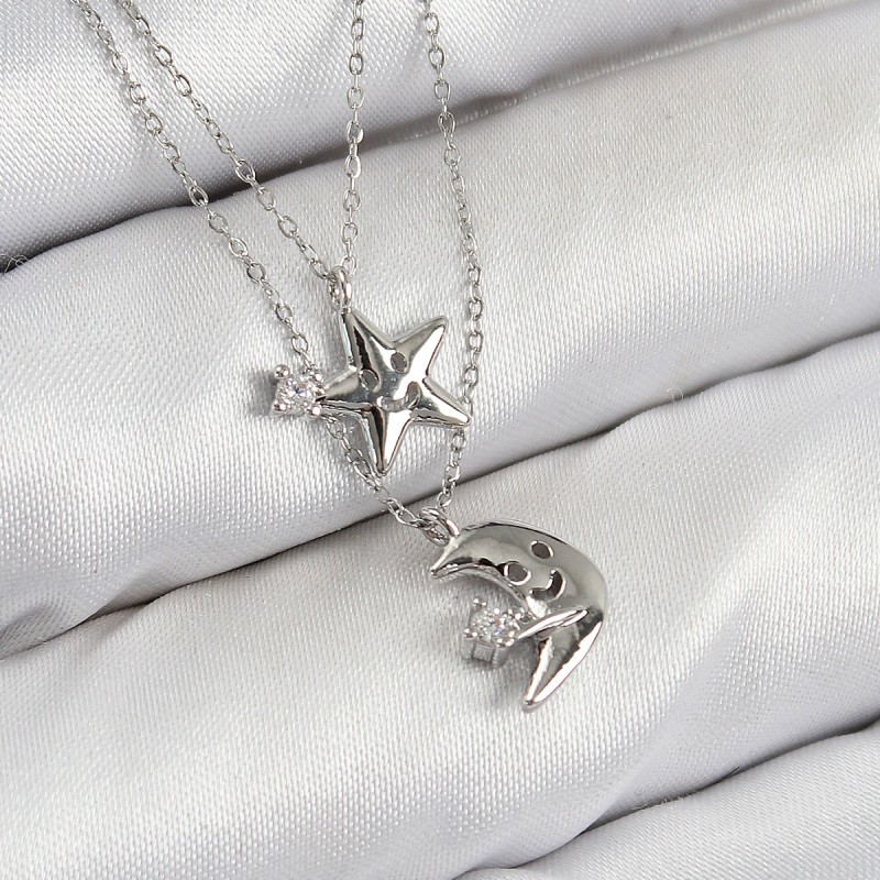 Pirinç Zirkon Taşlı Yıldız Ve Ay Model Gümüş Renk Kadın Kolye