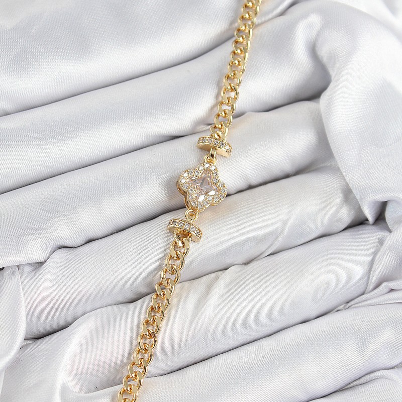 Pirinç Zirkon Taşlı Yonca Model Gold Renk Kadın Bileklik