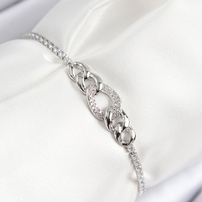 Pirinç Zirkon Taşlı Zincir Model Gümüş Renk Asansörlü Kadın Bileklik