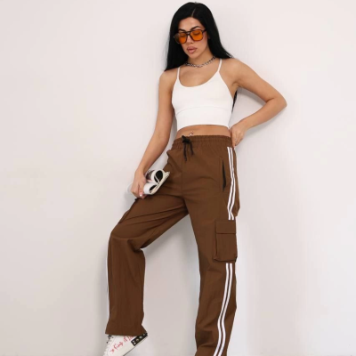 Praşut Kumaş Kargo Çeplı Baggy Esofman - Kahve -