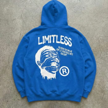 Premium Baskılı Kapşonlu Sweatshirt Üç İplik İçi Pamuklu Kanguru Cepli Double Oversize Rahat Kalıp Hoodie - Saks Mavi