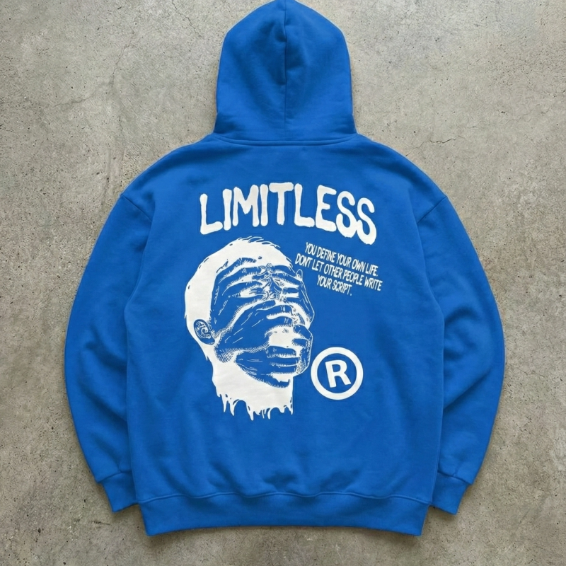 Premium Baskılı Kapşonlu Sweatshirt Üç İplik İçi Pamuklu Kanguru Cepli Double Oversize Rahat Kalıp Hoodie - Saks Mavi