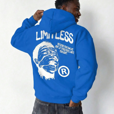 Premium Baskılı Kapşonlu Sweatshirt Üç İplik İçi Pamuklu Kanguru Cepli Double Oversize Rahat Kalıp Hoodie - Saks Mavi