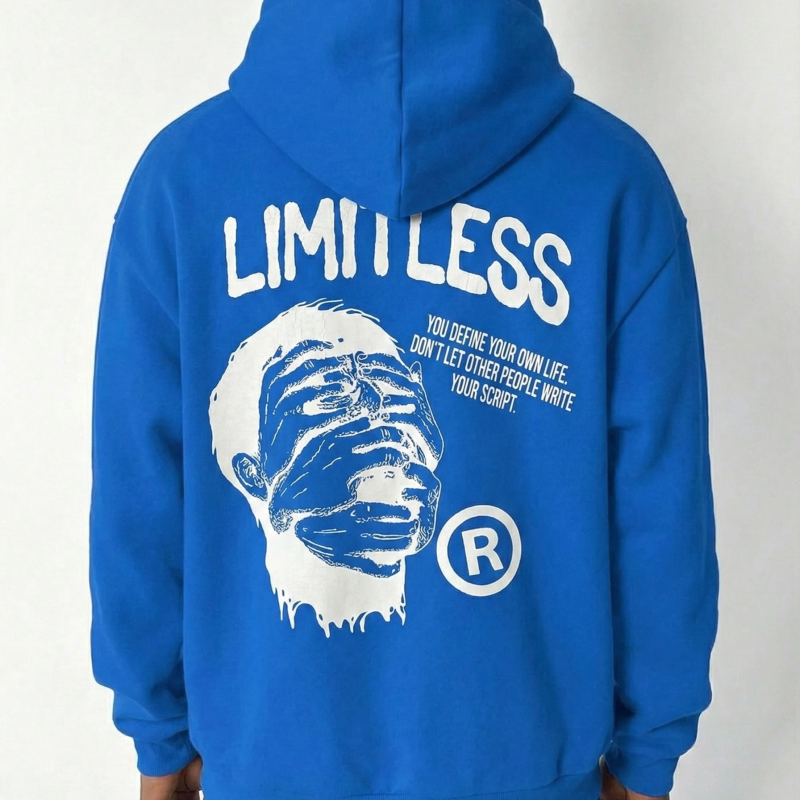 Premium Baskılı Kapşonlu Sweatshirt Üç İplik İçi Pamuklu Kanguru Cepli Double Oversize Rahat Kalıp Hoodie - Saks Mavi