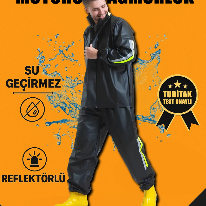 Premium Motorcu Kurye Yağmurluk Takım Su Geçirmez PVC Kumaş Reflektörlü TÜBİTAK Onaylı - Siyah -
