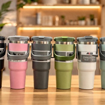 Renkli 700 ml Taşıma Kulplu Paslanmaz Çelik Termos Mug Bardak 