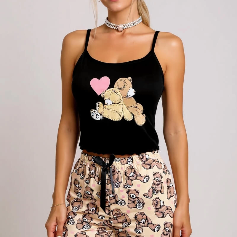 Renkli Ayıcık Desenli Askılı Şortlu Kadın Pijama Takımı