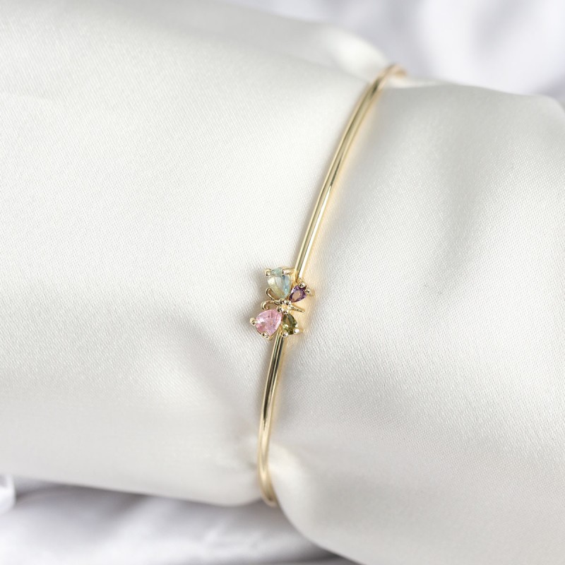 Renkli Kelebek Figür Gold Renk Pirinç Kadın Bileklik