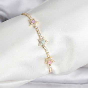 Renkli Yıldız Model Zirkon Taşlı Gold Renk Pirinç Su Yolu Kadın Bileklik