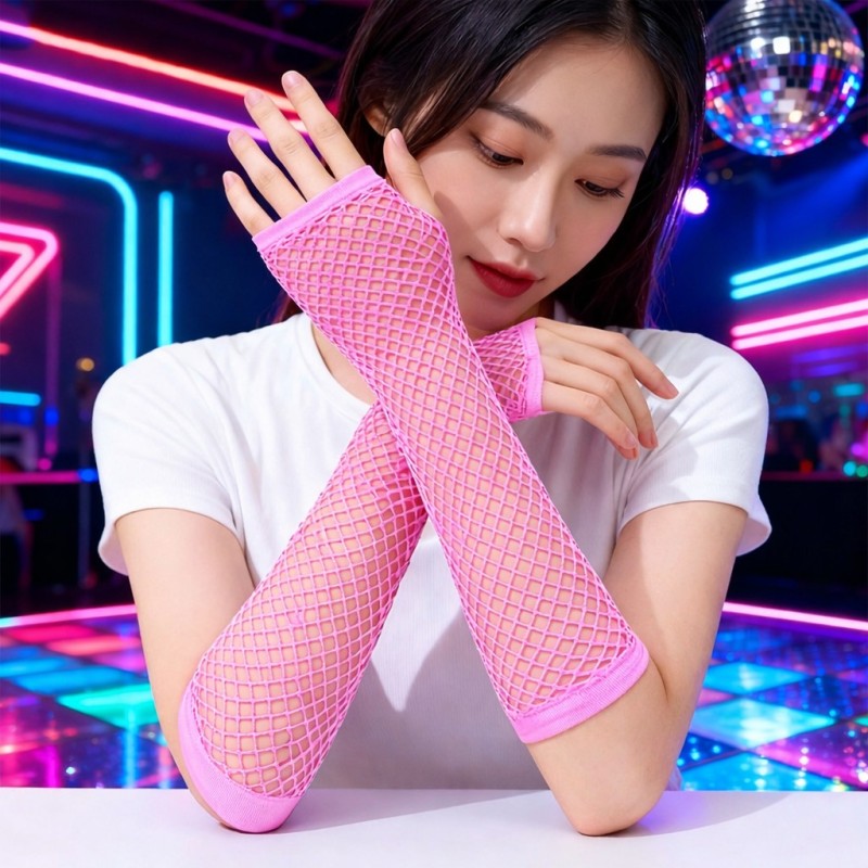 Retro Neon Pembe File Parmaksız Eldiven 26 cm