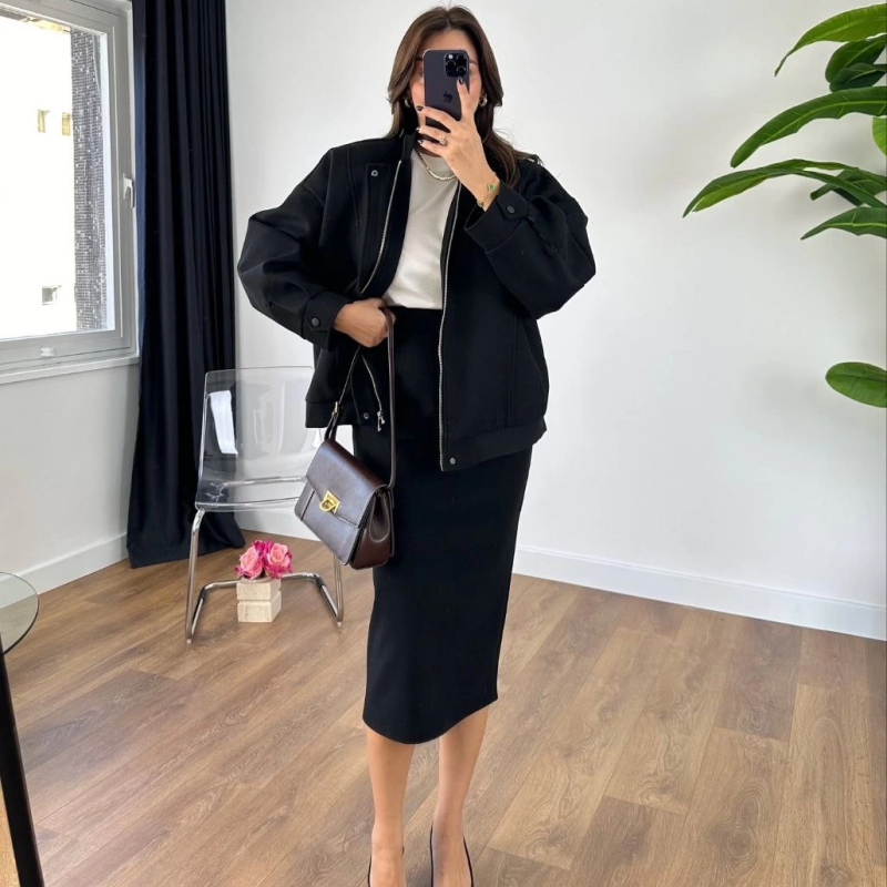 RYSE   Mevsim Kaşe Fermuarlı Ceket Etek Takım Kaşmir  -