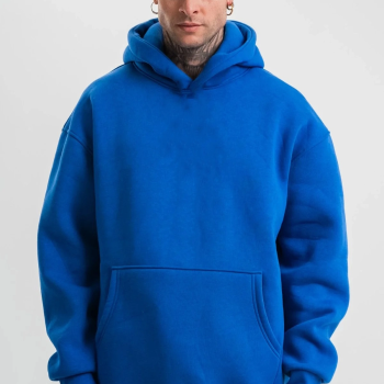 Saks Mavi Double Oversize 3 İplik Pamuklu Kapüşonlu Kanguru Cepli Sweatshirt Hoodie - Saks Mavi