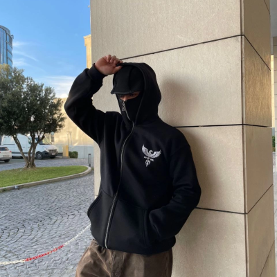Samuray kapüşonlu ZIP Fermuarlı kapüşonlu SweatShirt - Siyah
