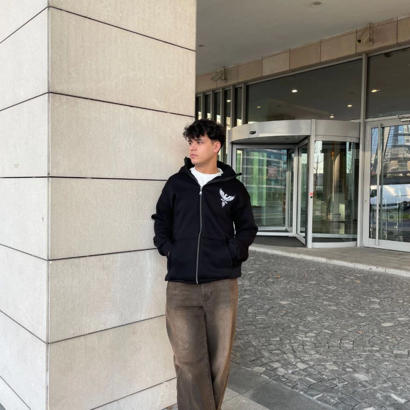 Samuray kapüşonlu ZIP Fermuarlı kapüşonlu SweatShirt - Siyah