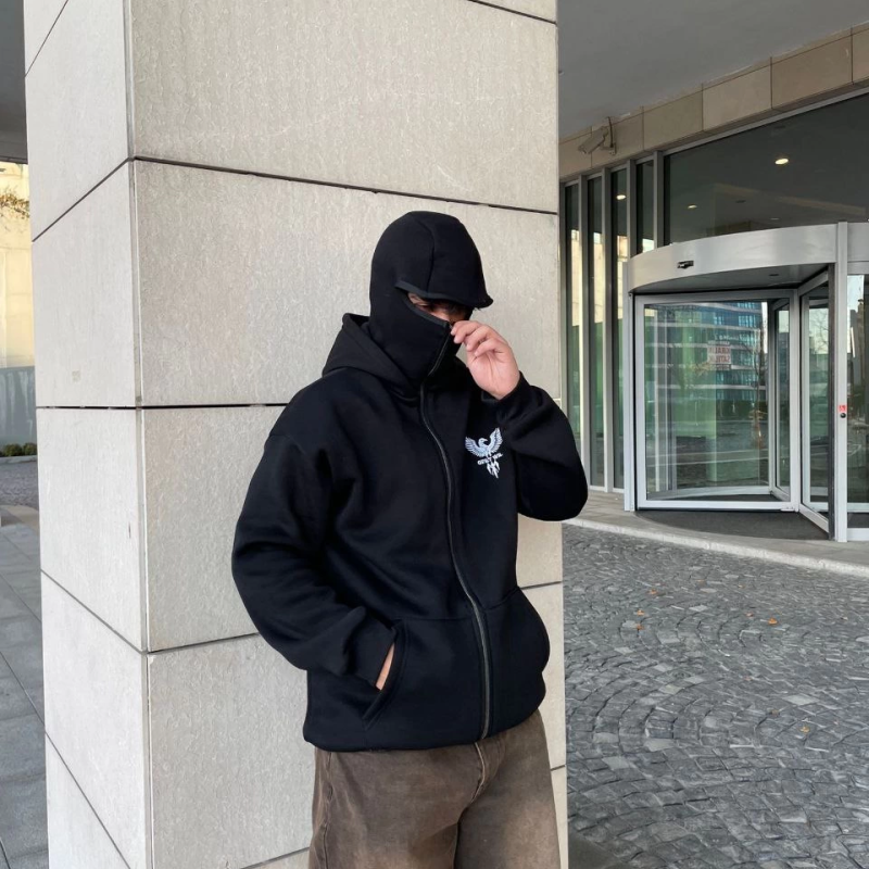 Samuray kapüşonlu ZIP Fermuarlı kapüşonlu SweatShirt - Siyah