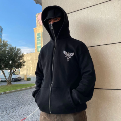 Samuray kapüşonlu ZIP Fermuarlı kapüşonlu SweatShirt - Siyah