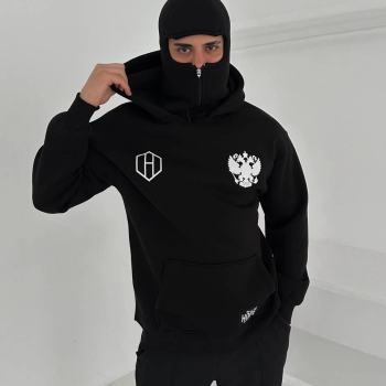 Samuray Ninja Çift Kapşonlu ZIP Fermuarlı Kanguru Çepli Tam Fermuarlı Hoodie ön ve Arka Baskılı Maske Detaylı  sweatshirt - Siyah
