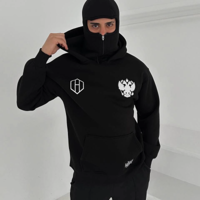 Samuray Ninja Çift Kapşonlu ZIP Fermuarlı Kanguru Çepli Tam Fermuarlı Hoodie ön ve Arka Baskılı Maske Detaylı  sweatshirt - Siyah