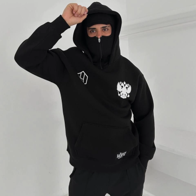 Samuray Ninja Çift Kapşonlu ZIP Fermuarlı Kanguru Çepli Tam Fermuarlı Hoodie ön ve Arka Baskılı Maske Detaylı  sweatshirt - Siyah