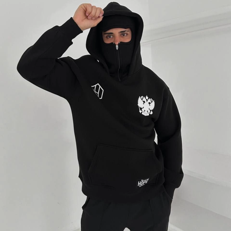 Samuray Ninja Çift Kapşonlu ZIP Fermuarlı Kanguru Çepli Tam Fermuarlı Hoodie ön ve Arka Baskılı Maske Detaylı  sweatshirt - Siyah