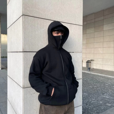 Samuray Ninja Çift Kapşonlu ZIP Fermuarlı Kanguru Çepli Tam Fermuarlı Hoodie  sweatshirt - Siyah
