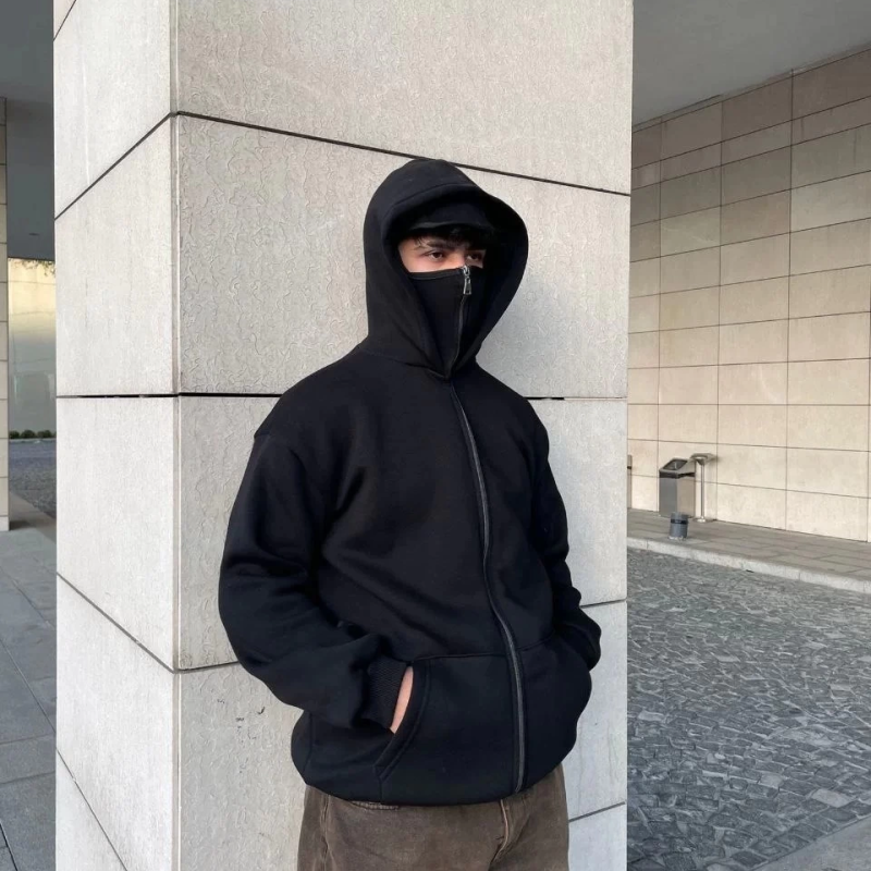 Samuray Ninja Çift Kapşonlu ZIP Fermuarlı Kanguru Çepli Tam Fermuarlı Hoodie  sweatshirt - Siyah