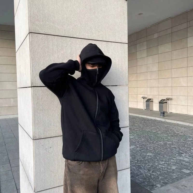 Samuray Ninja Çift Kapşonlu ZIP Fermuarlı Kanguru Çepli Tam Fermuarlı Hoodie  sweatshirt - Siyah