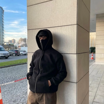 Samuray Ninja Çift Kapşonlu ZIP Fermuarlı Kanguru Çepli Tam Fermuarlı Hoodie  sweatshirt - Siyah