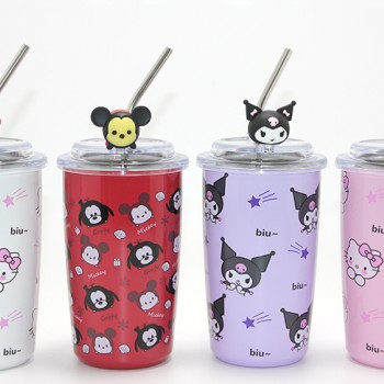 Sanrio Hello Kitty Ve Kuromi Figürlü Isı Muhafazalı Metal Pipetli Çelik Kupa 