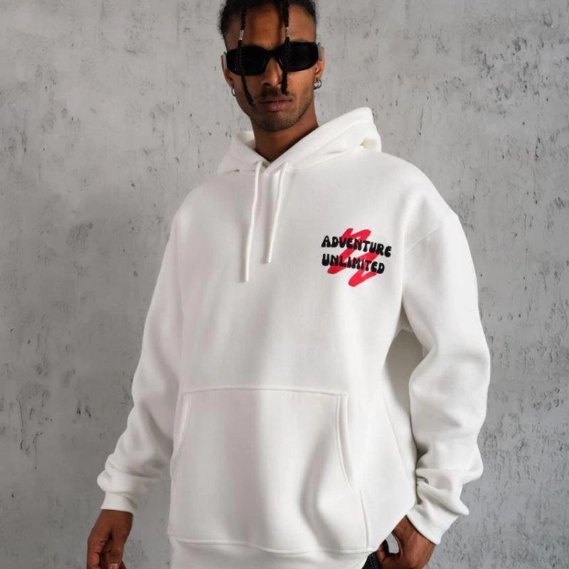 Şapkalı Güvercin Baskılı Kapşonlu Sweat - Beyaz -