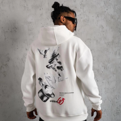Şapkalı Güvercin Baskılı Kapşonlu Sweat - Beyaz -