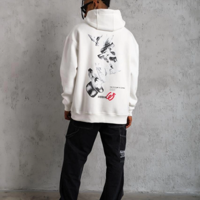 Şapkalı Güvercin Baskılı Kapşonlu Sweat - Beyaz -