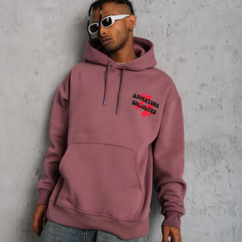 Şapkalı Güvercin Baskılı Kapşonlu Sweat - Gül Kurusu