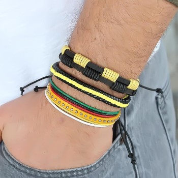 Sarı Renk Zımbalı Deri Erkek Bileklik Kombini