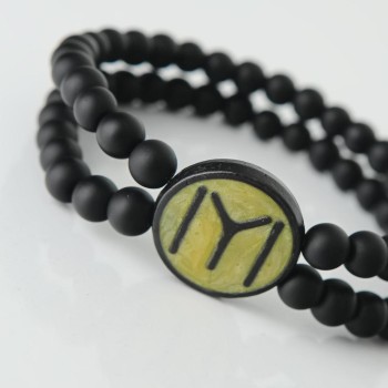 Sarı Renkli Metal Üzerine Siyah Kayı Boyu Figürlü Siyah Renk Çift Sıra Doğal Taş Erkek Bileklik