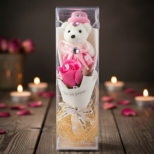 Şeffaf Kutulu Ayıcıklı Gül Buketi 