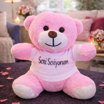 Seni Seviyorum Tişörtlü Pembe Peluş Ayıcık