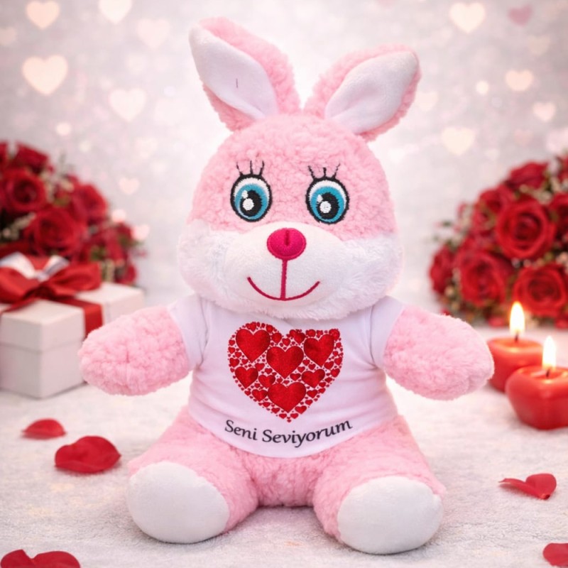 Seni Seviyorum Tişörtlü Pembe Peluş Tavşan