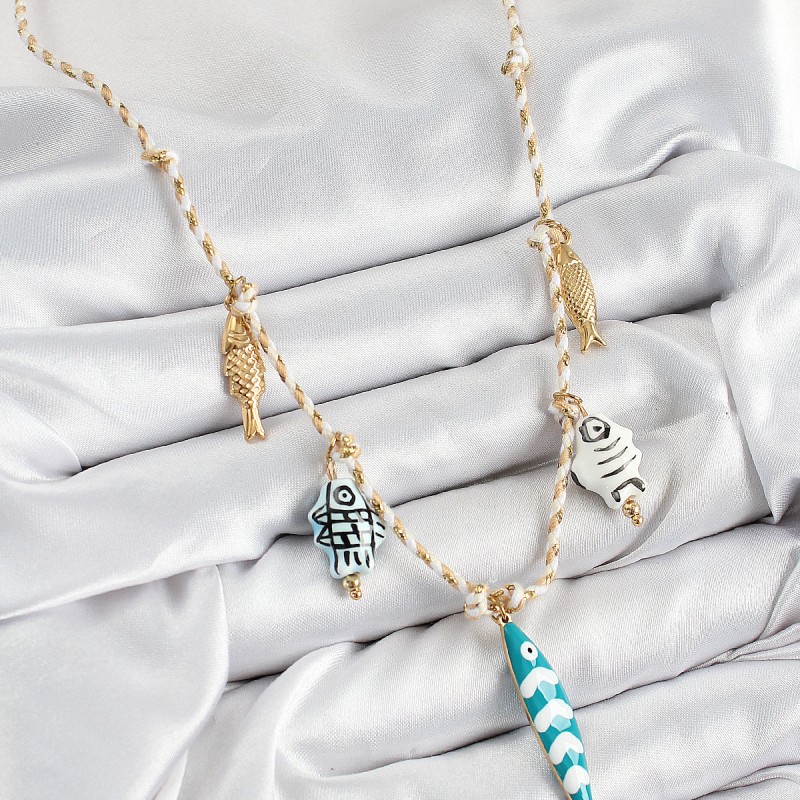 Seramik Motifli Balık Figürlü Model Krem İp Kadın Kolye