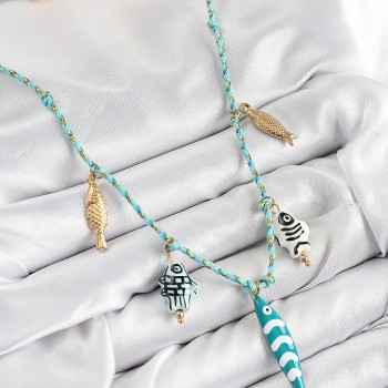 Seramik Motifli Balık Figürlü Model Mavi İp Kadın Kolye