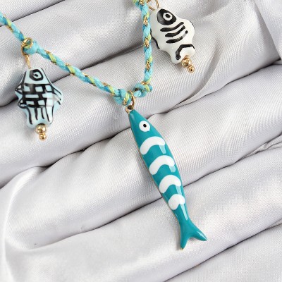 Seramik Motifli Balık Figürlü Model Mavi İp Kadın Kolye