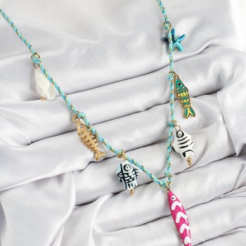 Seramik Motifli Pembe Balık Figürlü Model Mavi İp Kadın Kolye