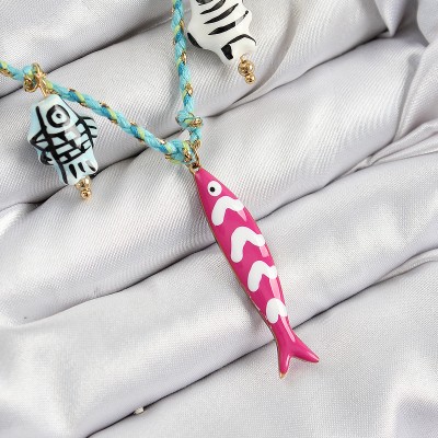 Seramik Motifli Pembe Balık Figürlü Model Mavi İp Kadın Kolye